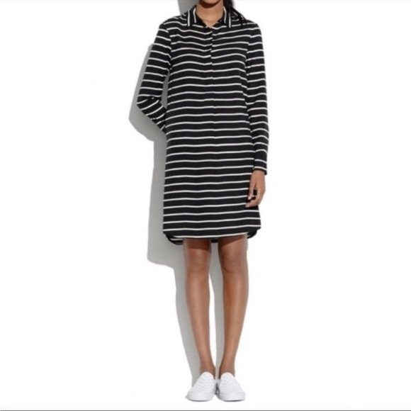 Madewell Dresses & Skirts - Madewell Striped Black and White 100% Silk  Long sleeve Shirt Dress XS